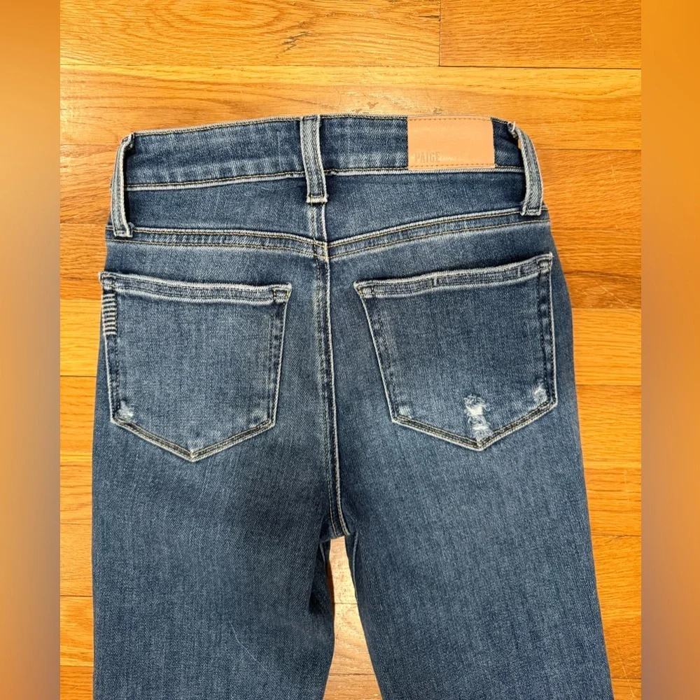 PAIGE Petite Laurel Canyon Raw Hem Flare Blue Women's Jeans - Olivin Distressed - Picture 10 of 10